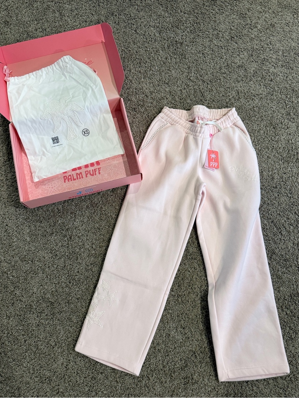 Pink Palm Puff "Lacy" Wideleg Sweatpants in Angel Pink XS Petite
